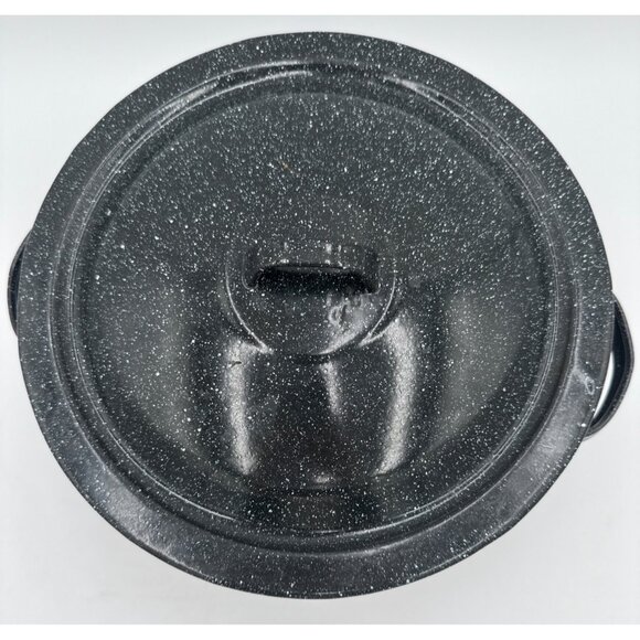 Black Speckled Enamel Stock Pot With Lid 10" Wide 6½" Depth with Handles Soup - Picture 2 of 9